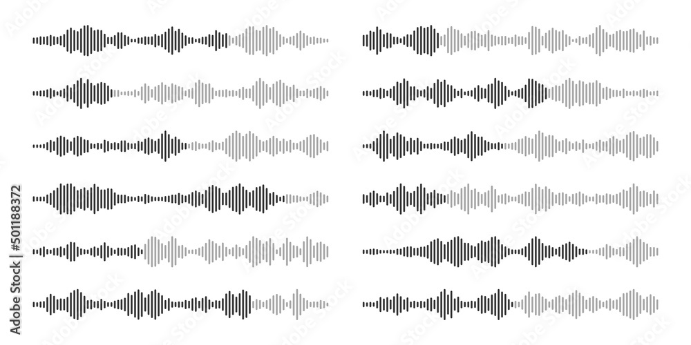 Voice message, mail. Social media chat conversation. Messaging app, music player, audio or video editor interface element. Voice assistant, recorder. Sound wave pattern. Vector illustration