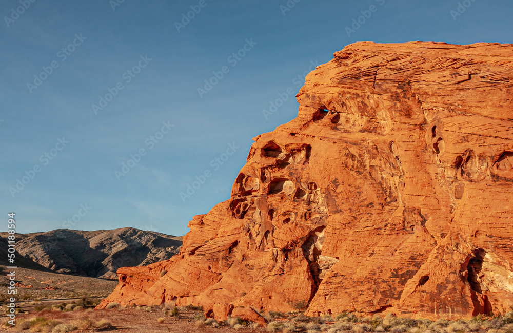 Overton, Nevada, USA - February 24, 2010: Valley of Fire. Orange mountain ridge forms lion or monster face against blue sky. Dry shrubs in front.
