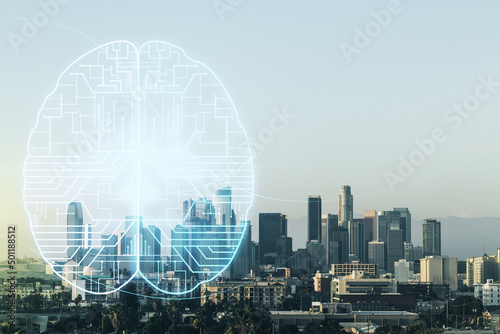 Virtual creative artificial Intelligence hologram with human brain sketch on Los Angeles cityscape background. Double exposure