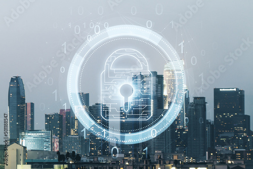Virtual creative lock sketch with chip hologram on Los Angeles office buildings background, protection of personal data concept. Multiexposure © Pixels Hunter