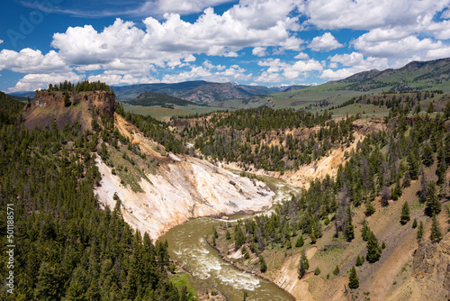 The mighty Yellowstone River snaking through Yellowstone Canyon in Yellowstone National Park