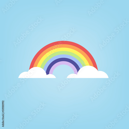 Abstract geometrical rainbow with clouds. Colors: red, orange, yellow, green, blue, dark blue and purple. Vector illustration, flat design