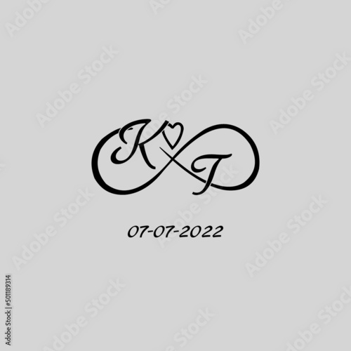 Letter KT logo with infinity and love symbol, elegant cute wedding monogram design
