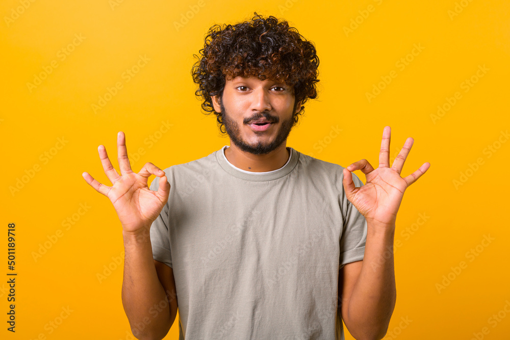 Everything is fine. Satisfied bearded curly Indian man showing ok gesture with fingers, approving work, satisfied with quality. Indoor studio shot isolated on yellow background - obrazy, fototapety, plakaty 