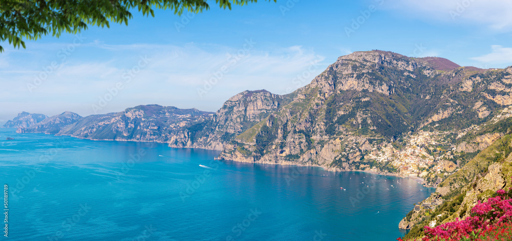 A view of the rocky coastline of the Amalfi Coast, Italy.
