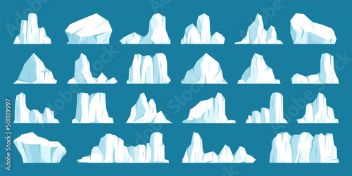 Floating icebergs collection. Drifting arctic glacier  block of frozen ocean water. Icy mountains with snow. Melting ice peak. Antarctic snowy landscape. South and North Pole. Vector illustration.