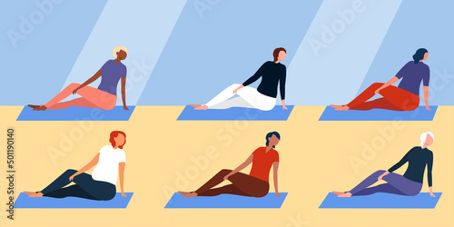 a group of women doing pilates on fitness mats in the classroom. Cartoon flat illustration. The concept of physical and mental health. 