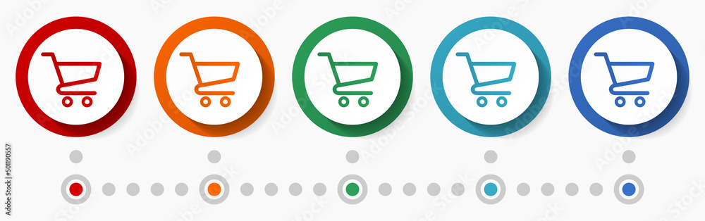 Shopping cart concept vector icon set, infographic template, flat design circle colorful web buttons in 5 color options Shopping cart concept vector icon set, infographic template, flat design circle colorful web buttons in 5 color options