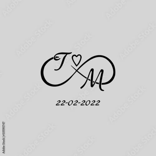 Letter TM logo with infinity and love symbol, elegant cute wedding monogram design