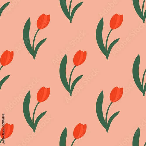 Seamless pattern of red tulips on a pink background. Flat design, hand drawn cartoon, vector illustration.