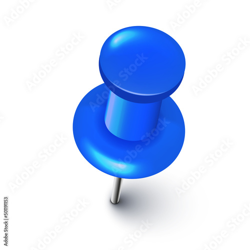 Realistic blue push pin. Board tack isolated on white background. Plastic pushpin with needle. Vector illustration.