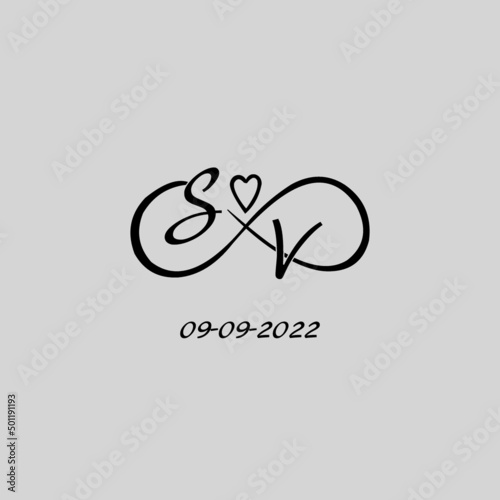 Letter SV logo with infinity and love symbol, elegant cute wedding monogram design