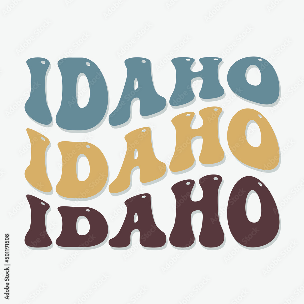 Wavy Idaho, USA Lettering Design. Retro Waves Illustration Vector Design. Hippie Clip art Stacked Text Boho.