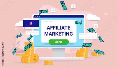 Affiliate marketing income - Desktop computer with money and web elements. Earn money online concept. Vector illustration photo