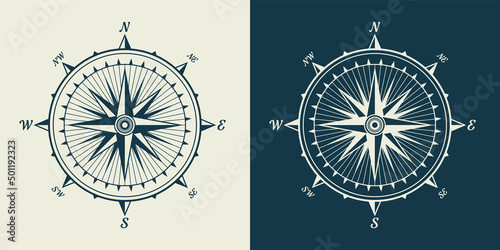 Vintage marine wind rose, nautical chart. Monochrome navigational compass with cardinal directions of North, East, South, West. Geographical position, cartography and navigation. Vector illustration.