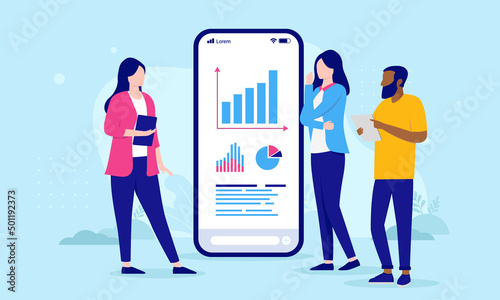 People and analytic charts looking at graphs on phone. Corporate vector illustration with businesspeople in casual clothing