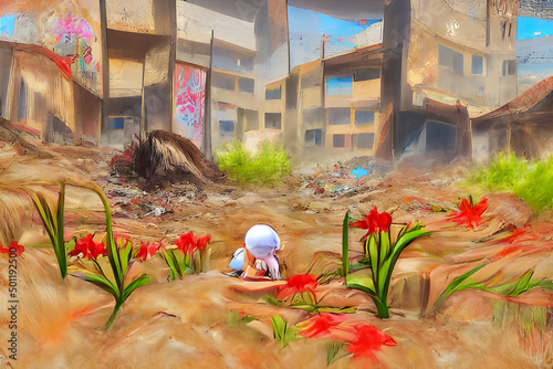 A 3d digital rendering of an abstract child playing in the dirt in front of a war torn building with flowers growing in the foreground. photo