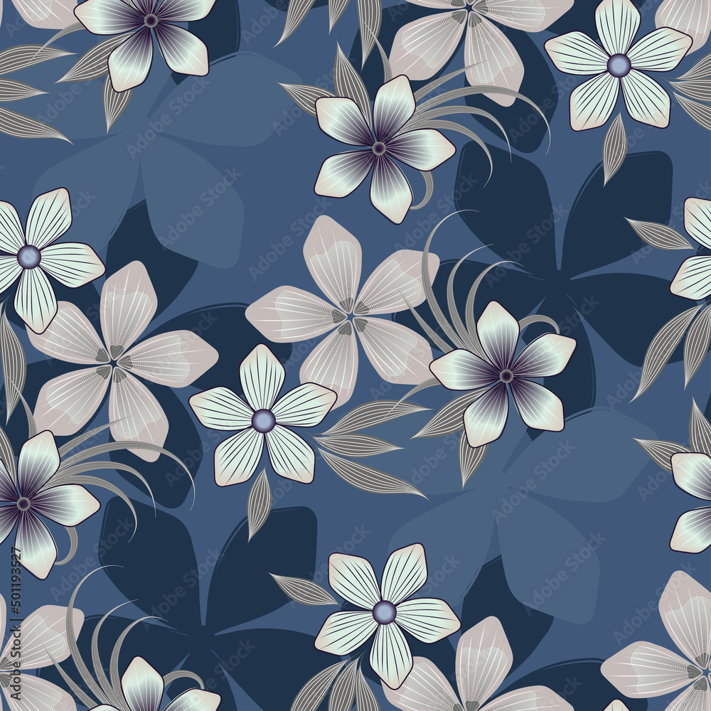 VVector stylish seamless floral pattern in gray blue pastel colors and decorative shaded flowers with leaves on a blue steel background for shawl, scarf, hijab VVector stylish seamless floral pattern in gray blue pastel colors and decorative shaded flowers with leaves on a blue steel background for shawl, scarf, hijab