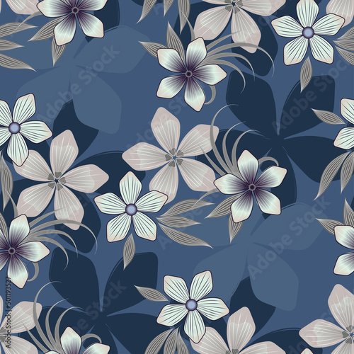 VVector stylish seamless floral pattern in gray blue pastel colors and decorative shaded flowers with leaves on a blue steel background for shawl  scarf  hijab