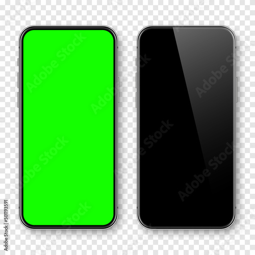 Realistic smartphone with blank touch screen and green chroma key background. Frameless mobile phone in front view. High quality detailed device mockup. Screen backdrop template. Vector illustration.