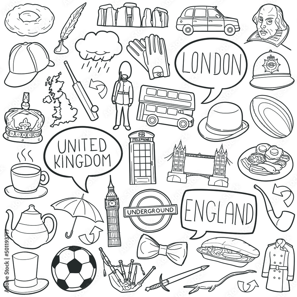 United Kingdom Doodle Icons. Hand Made Line Art. England Clipart