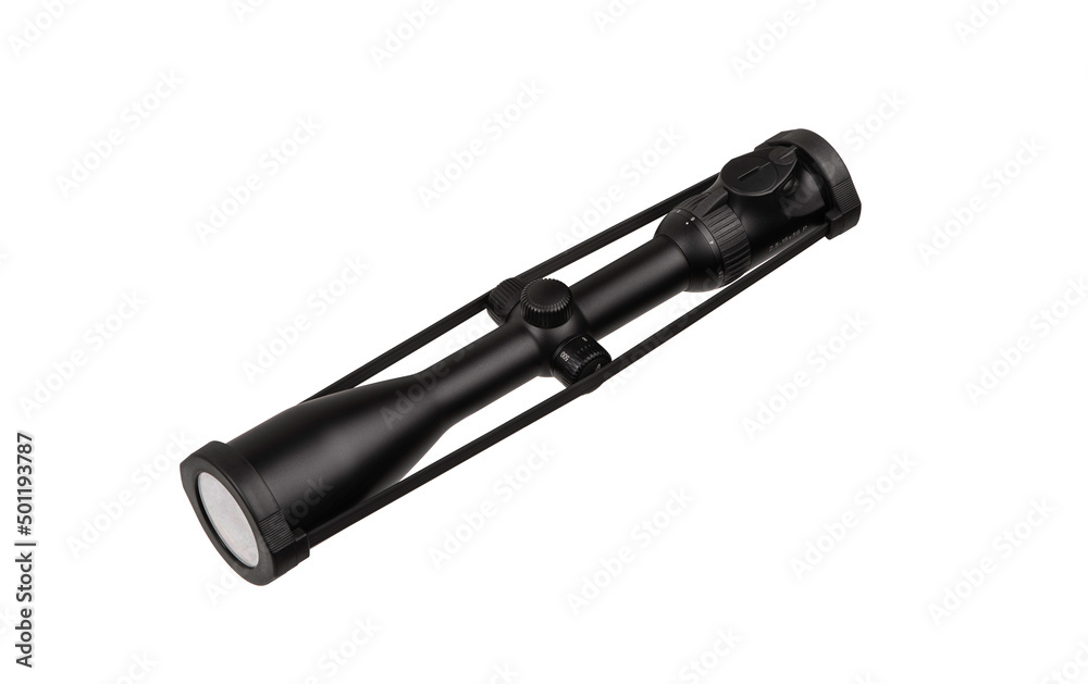 Modern black optical sight. Optical device for aiming at long distances. Isolate on a white back