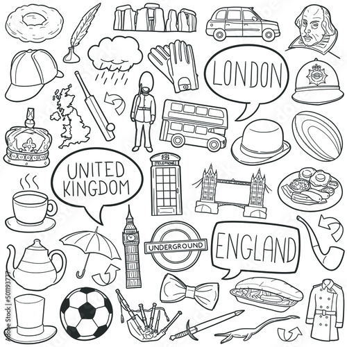 United Kingdom Doodle Icons. Hand Made Line Art. England Clipart Logotype Symbol Design.