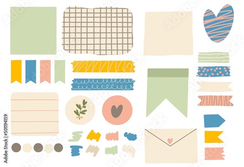 Various paper notes on stickers. Information board with empty paper notes for reminders, to-do list, planner, schedule. Hand drawn vector illustration. cartoon style. All elements are insulated