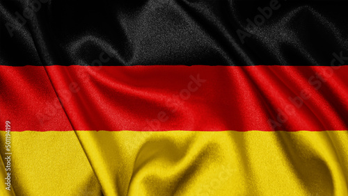 Close up realistic texture fabric textile silk satin flag of Germany waving fluttering background. National symbol of the country. 3rd of October  Happy Day concept 