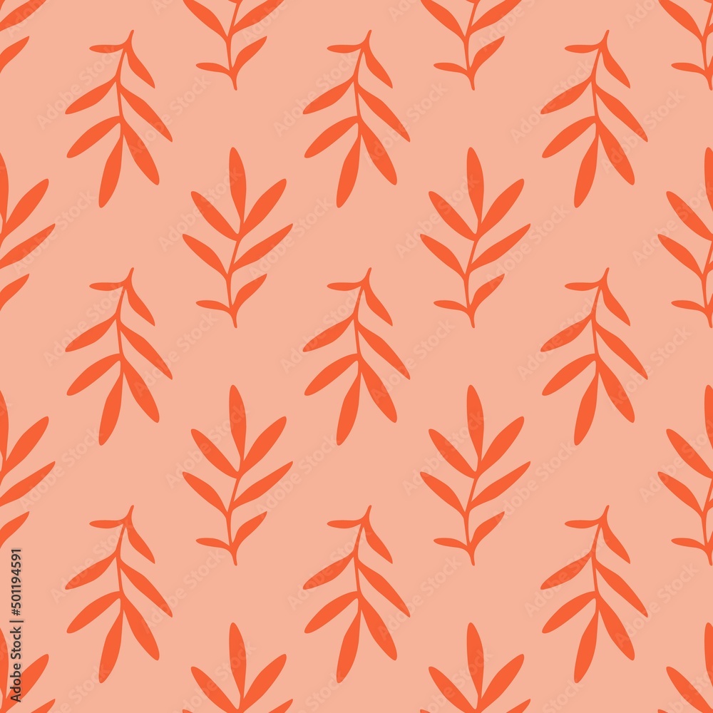 Seamless pattern with red branches with leaves on a pink background. Flat design, hand drawn cartoon, vector illustration. Seamless pattern with red branches with leaves on a pink background. Flat design, hand drawn cartoon, vector illustration.