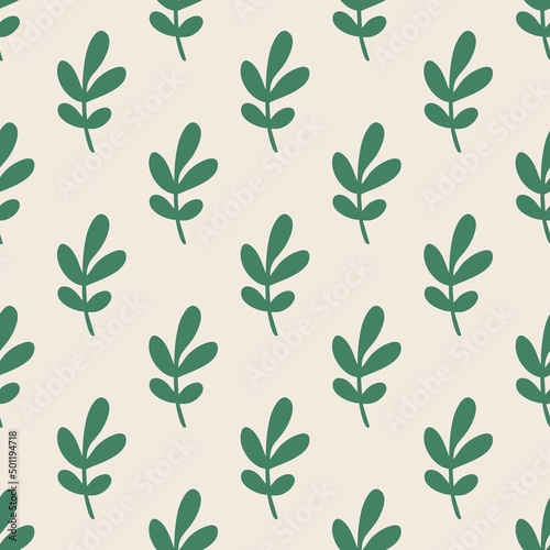 Wallpaper Mural Seamless pattern green twigs with leaves on a light background. Flat design, hand drawn cartoon, vector illustration. Torontodigital.ca