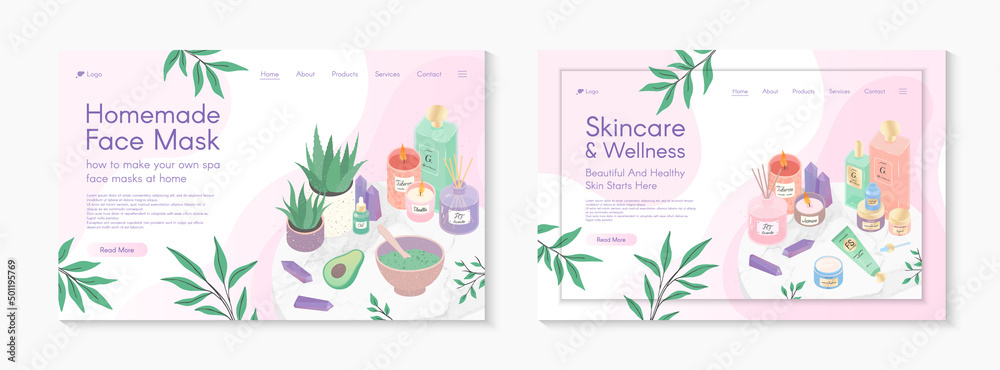 Web page design templates for skin care treatment,homemade facial mask tutorial,spa,wellness,natural products,self care.Vector illustration concepts for website,mobile website.Landing page layouts.