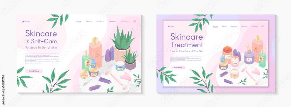 Web page templates for skin care treatment,beauty routine tutorial,spa,wellness,natural products,cosmetics,self care.Vector illustrations concept for website,mobile website.Landing page layouts.