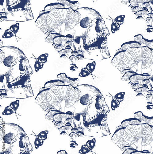 Pattern skull, mushrooms and butterflies in vintage style, blue on white