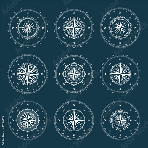 Vintage marine wind rose, nautical chart. Monochrome navigational compass with cardinal directions of North, East, South, West and degree markings. Geographical position, cartography and navigation.