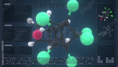 Molecule of dieldrin with infographics on the computer monitor, loopable 3d animation photo