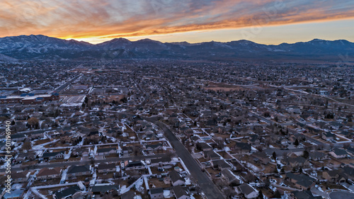 Herriman, Utah and Oquirrh Mountains at sunset with residential areas