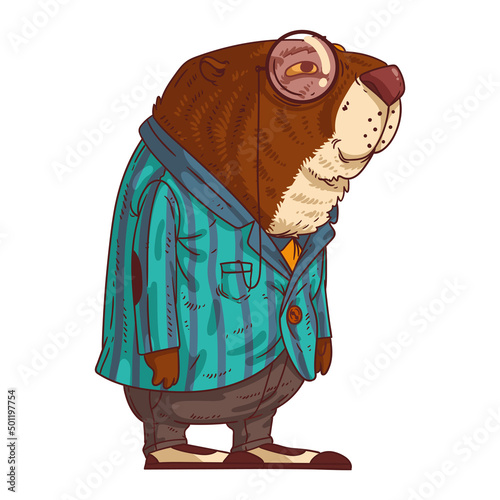 Stylish Beaver, isolated vector illustration. Calm trendy dressed anthropomorphic beaver standing in profile. A fancy guy. An elegant beaver, wearing a monocle. An animal character with a human body.