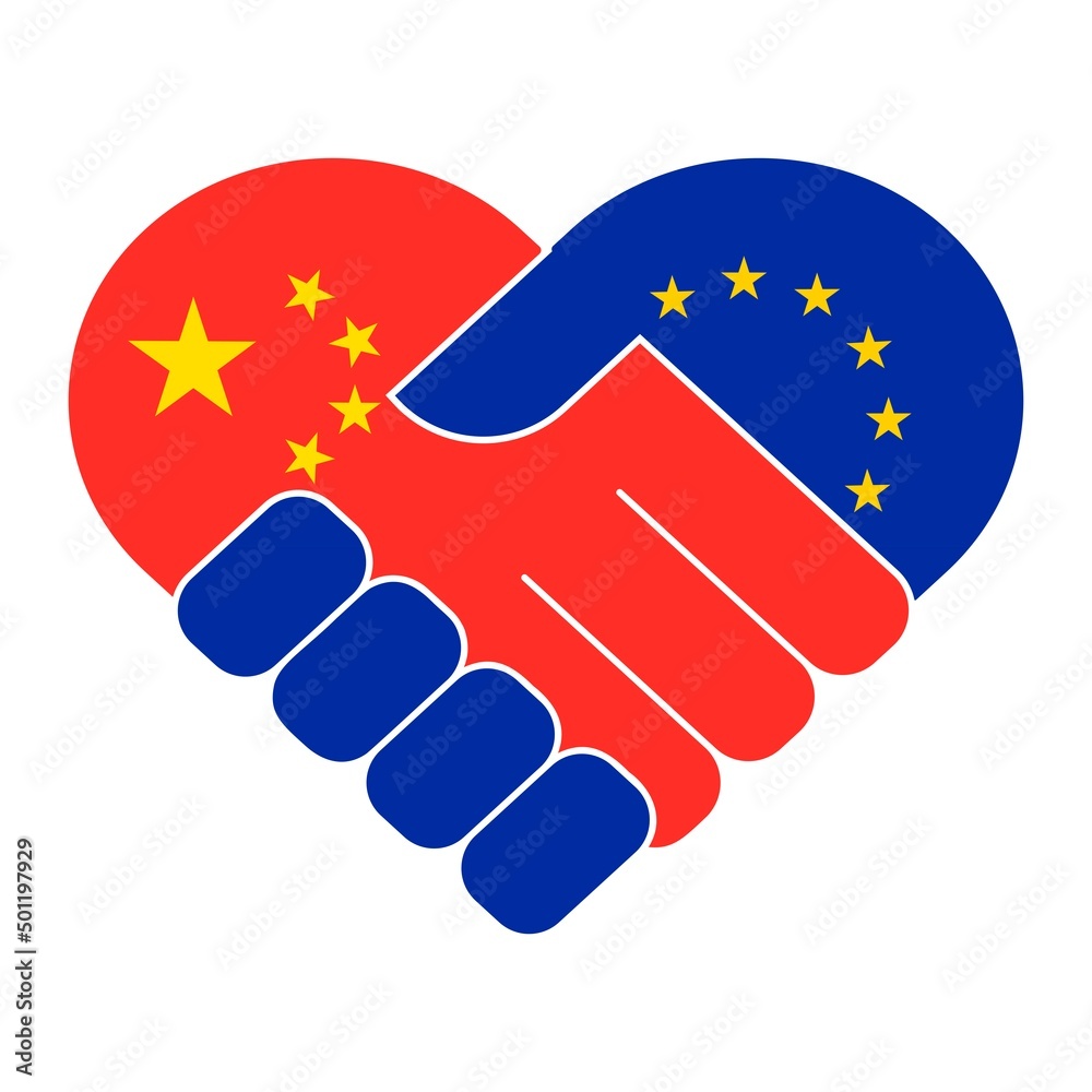 Handshake symbol in the colors of the national flags of China and EU, forming a heart. The concept of peace, friendship. Handshake symbol in the colors of the national flags of China and EU, forming a heart. The concept of peace, friendship.