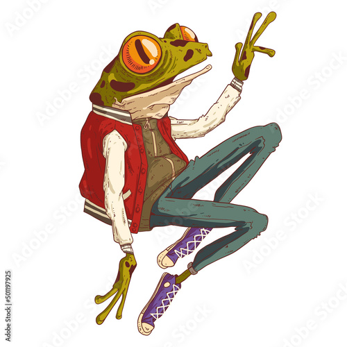 A hipster frog hovering in the jump, isolated vector illustration. Trendy dressed anthropomorphic frog in a jump, reaching up for something with his hand. An animal character with a human body.