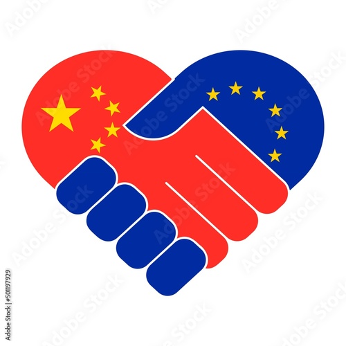 Handshake symbol in the colors of the national flags of China and EU, forming a heart. The concept of peace, friendship.