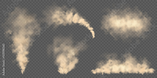 Realistic dust clouds. Road sand storm. Polluted dirty brown air with dirt particles, smog. Air, environmental pollution. Vector design element. photo