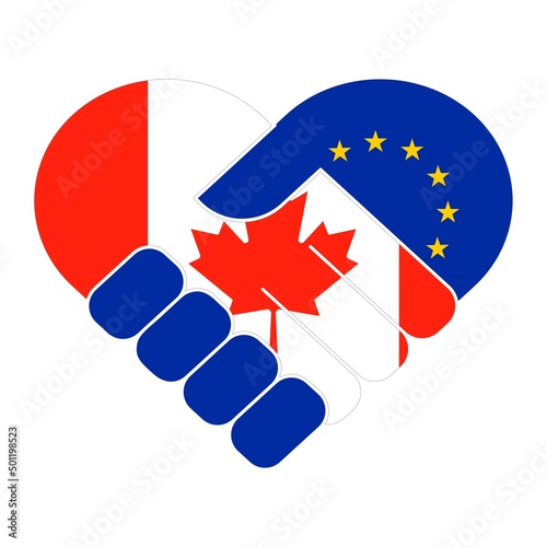 Handshake symbol in the colors of the national flags of Canada and EU, forming a heart. The concept of peace, friendship.