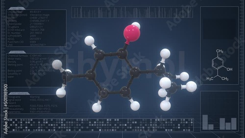 Molecule of thymol with infographics on the computer monitor, loopable 3d animation photo