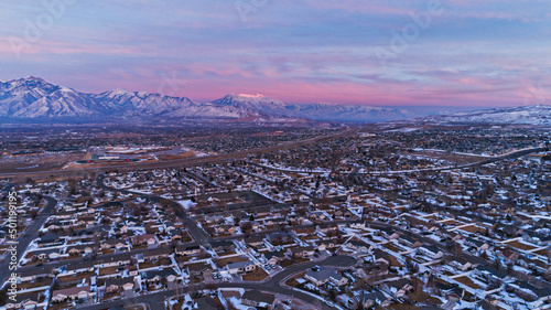 Salt Lake City Valley and Mount Timpanogos at sunset with sprawling residential areas