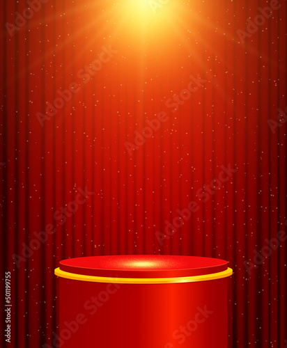 Vector illustration red curtain background with shining sparkle stage podium