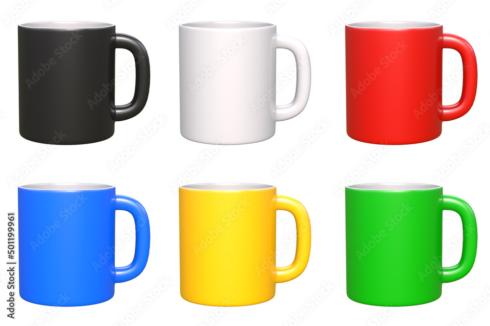 Set of Realistic ceramic cups or empty mugs for coffee, drink or tea on White Background. White, Black, Blue, Green, Red and Yellow colors. 3D Rendering 3D Illustration Set of Realistic ceramic cups or empty mugs for coffee, drink or tea on White Background. White, Black, Blue, Green, Red and Yellow colors. 3D Rendering 3D Illustration