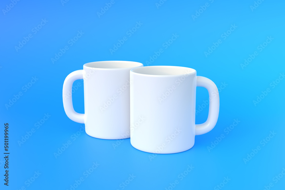 Two white ceramic cup or empty mug for coffee, drink or tea on blue background. Minimal concept. 3D Rendering 3D Illustration Two white ceramic cup or empty mug for coffee, drink or tea on blue background. Minimal concept. 3D Rendering 3D Illustration