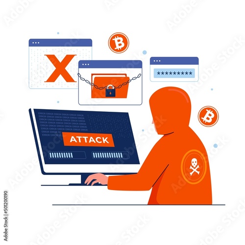 Flat design of cyber attack malware wannacry ransomware concept. Illustration for websites, landing pages, mobile applications, posters and banners. Trendy flat vector illustration