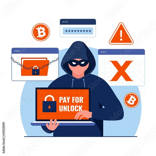 Ransomware with hacker attack illustration concept. Illustration for websites, landing pages, mobile applications, posters and banners. Trendy flat vector illustration photo